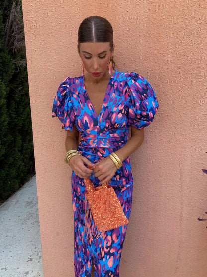 SUENTA Robe Midi Imprimée Puffärmel Eleganter Taillenschnitt