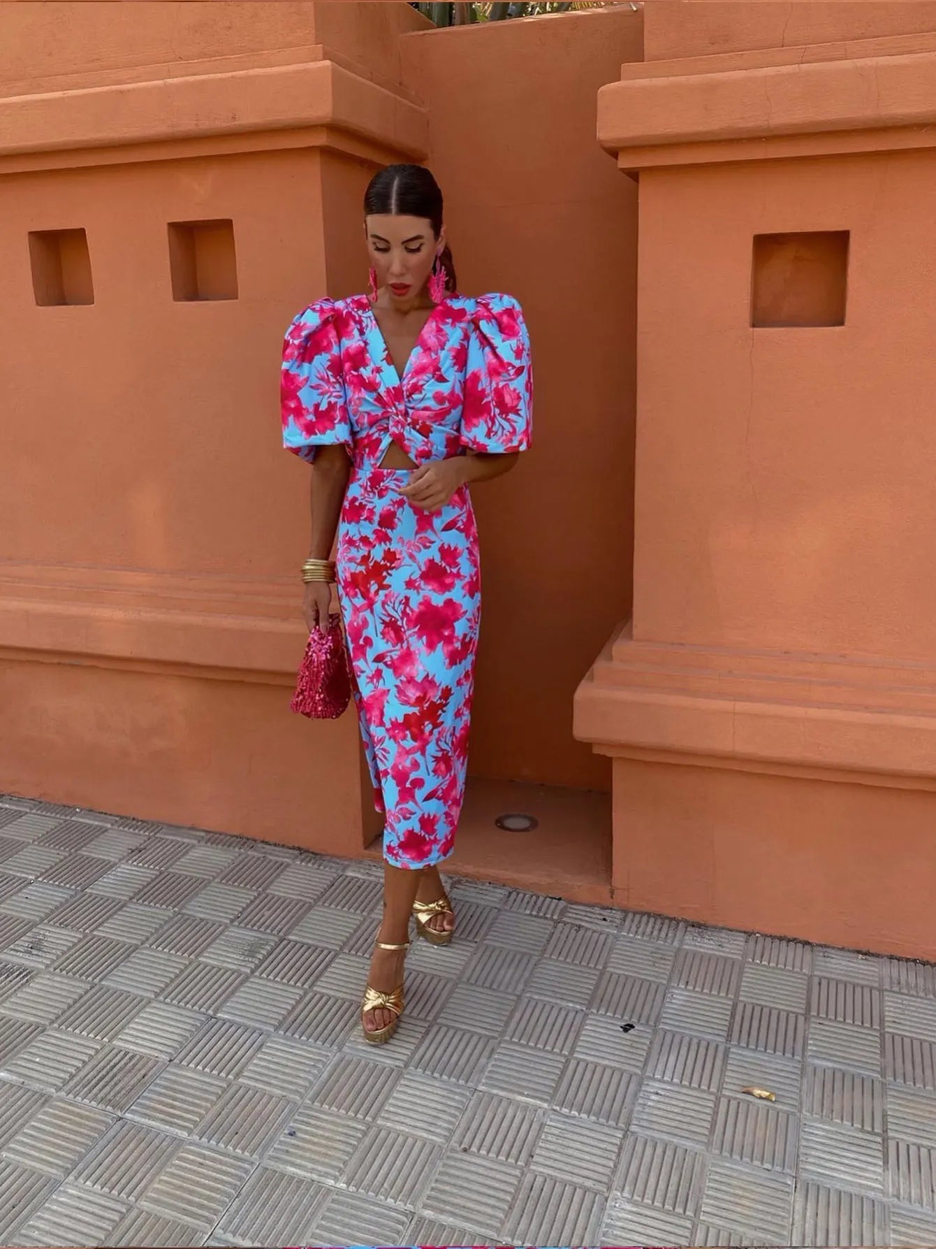 SUENTA Robe Midi Imprimée Puffärmel Eleganter Taillenschnitt Rosa