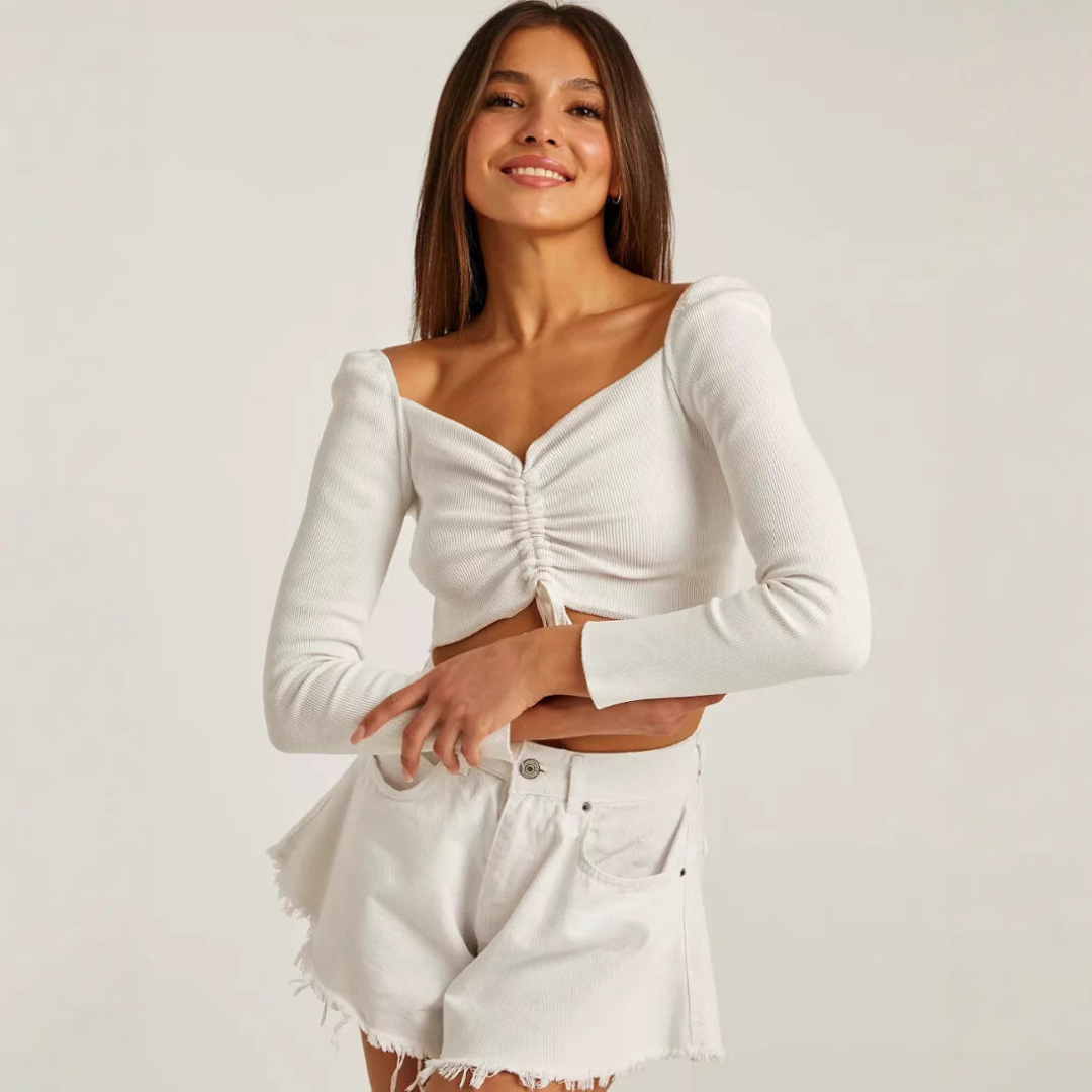 Sophie | Women Crop Top Long Sleeve Ruched Front Drawstring Tie Square Neck Ribbed Texture