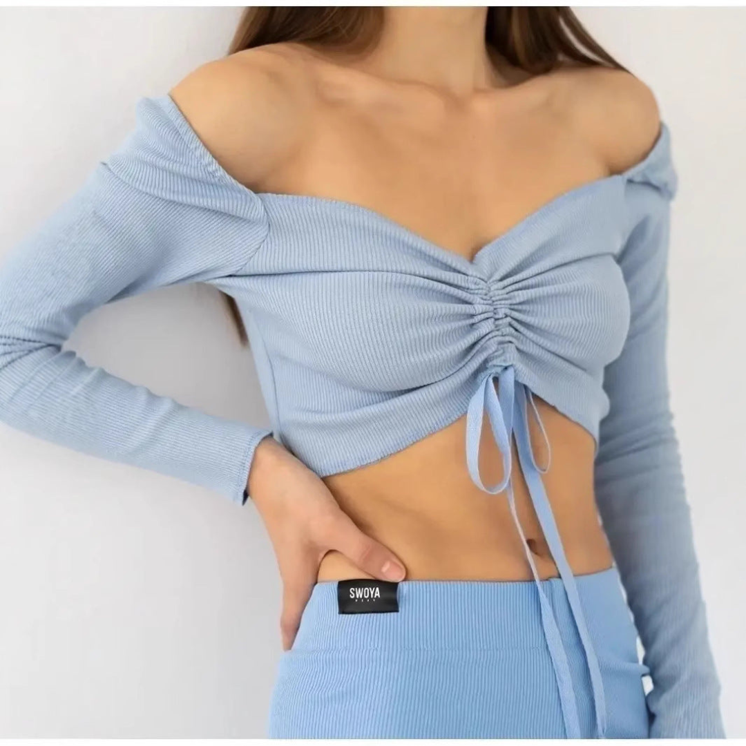 Sophie | Women Crop Top Long Sleeve Ruched Front Drawstring Tie Square Neck Ribbed Texture