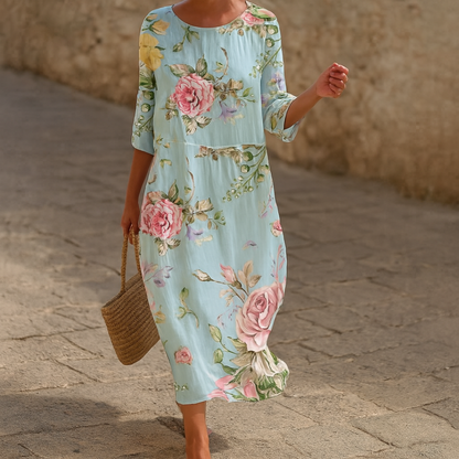 Stephanie | Women Floral Midi Dress Round Neck 3/4 Sleeves