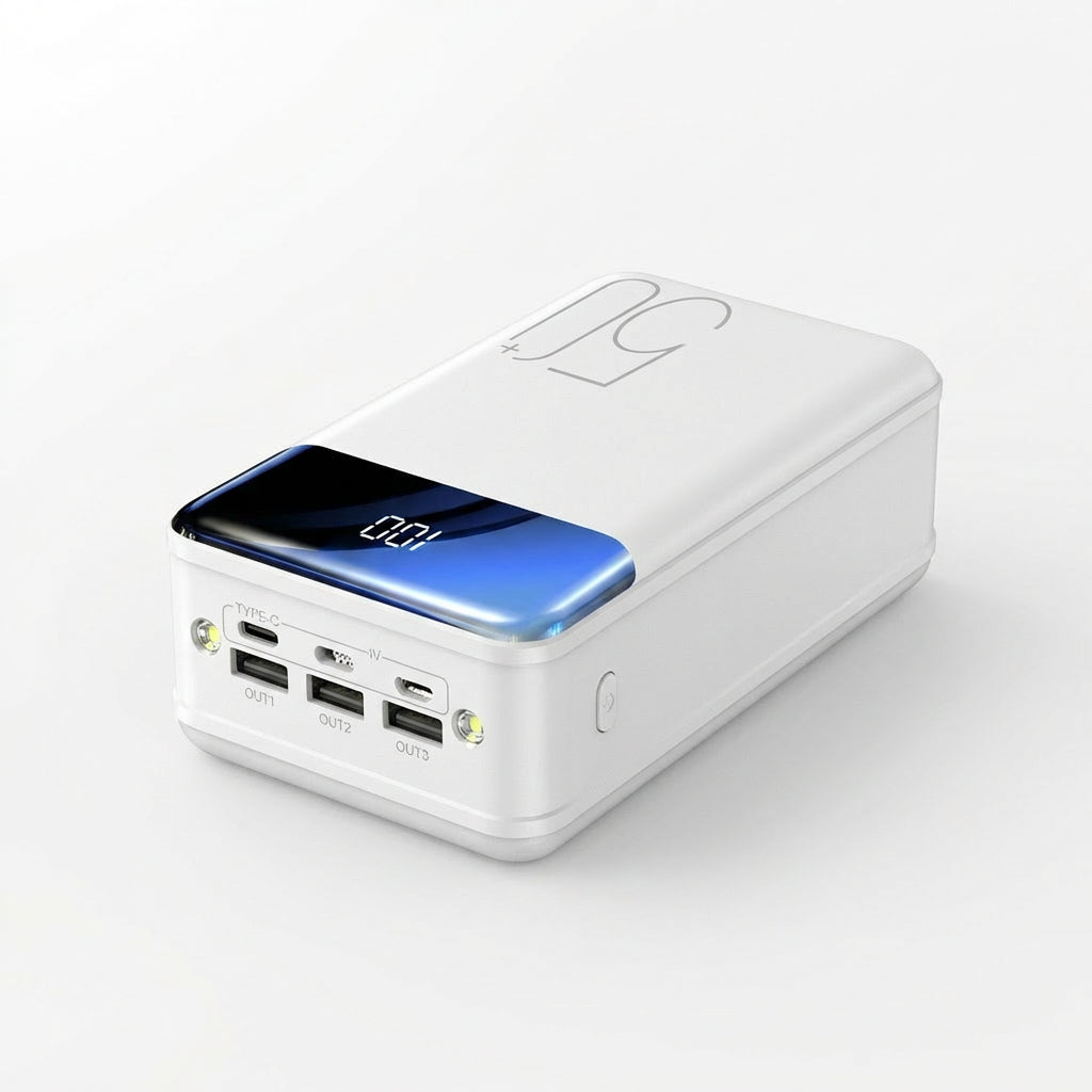White High-Capacity Power Bank With Built-In LED Lights Studio 45 Degree View - Professional Photography - Jurni