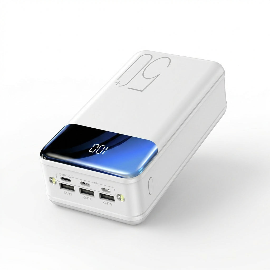 White High-Capacity Power Bank With Built-In LED Lights Studio Hero Angle - Professional Product Photography - Jurni