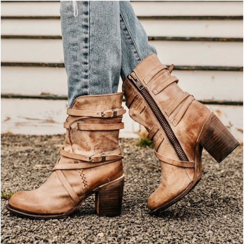 Women’s Ankle Boots – Distressed Style – Chunky Heel