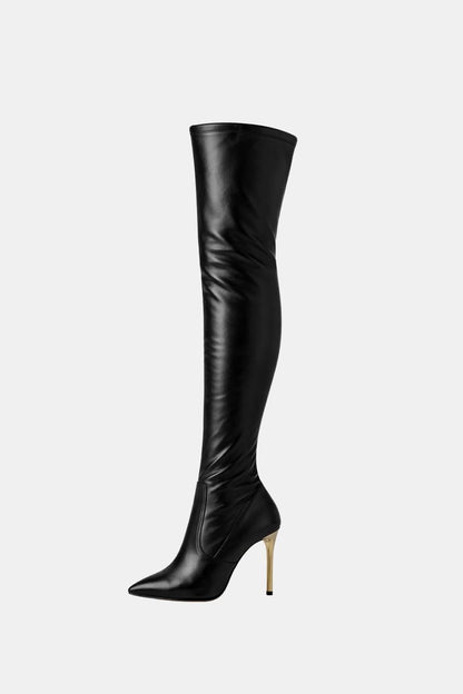 Sybil – Gold Zip Knee-High Boots in Black