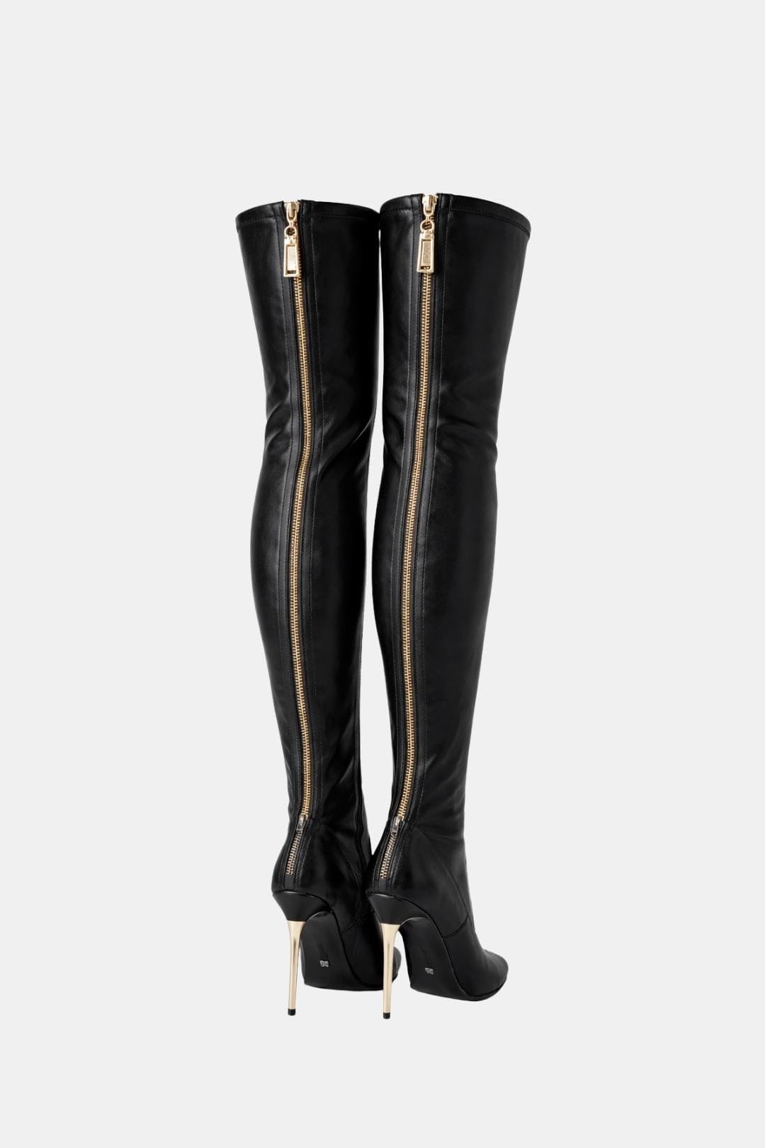 Sybil – Gold Zip Knee-High Boots in Black