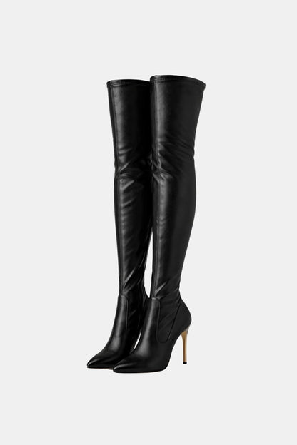 Sybil – Gold Zip Knee-High Boots in Black