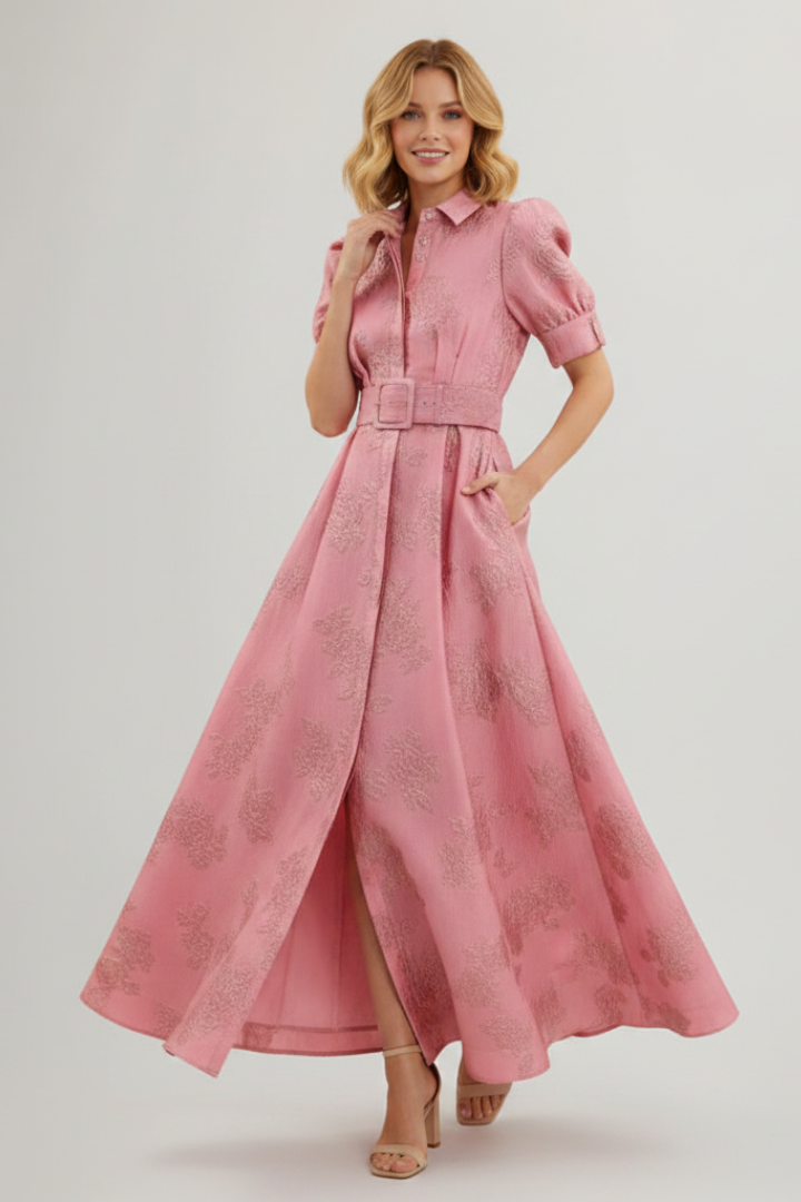 Sylvaine | Women’s Floral Maxi Dress with Waist Belt – Collared Button-Down Short Sleeve Maxi Dress