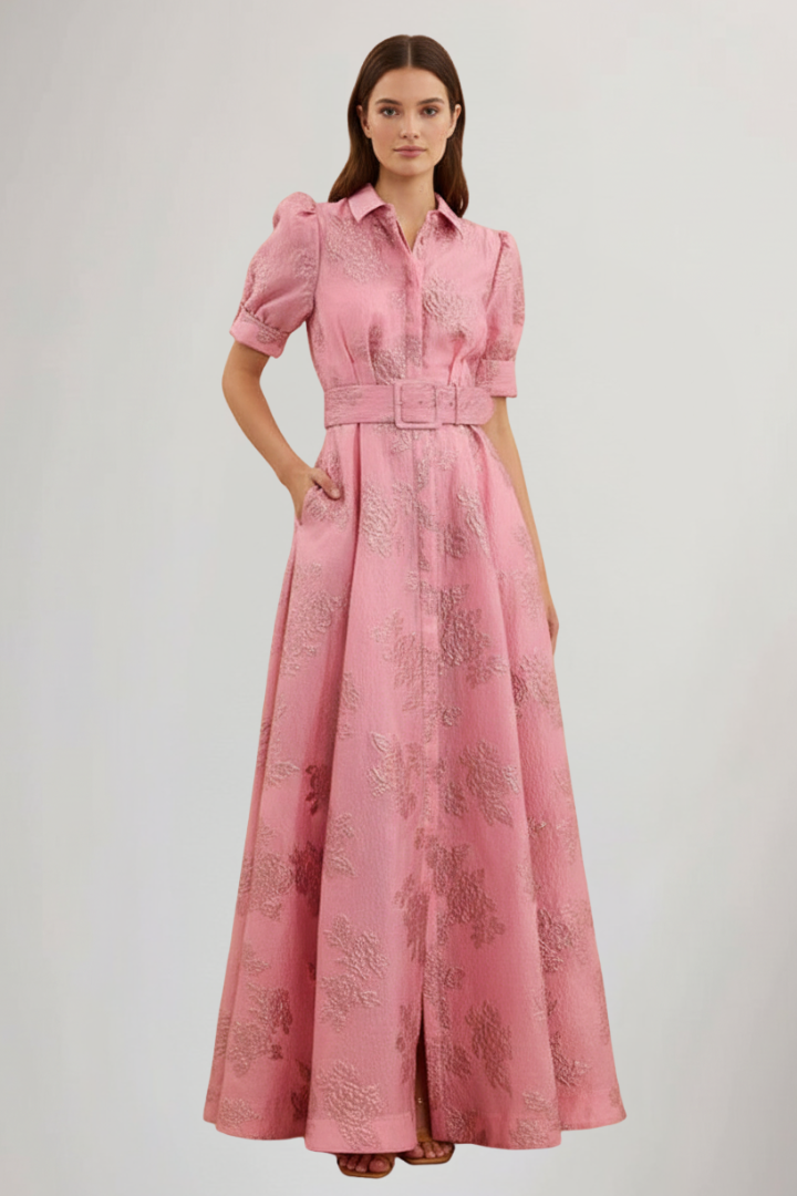 Sylvaine | Women’s Floral Maxi Dress with Waist Belt – Collared Button-Down Short Sleeve Maxi Dress