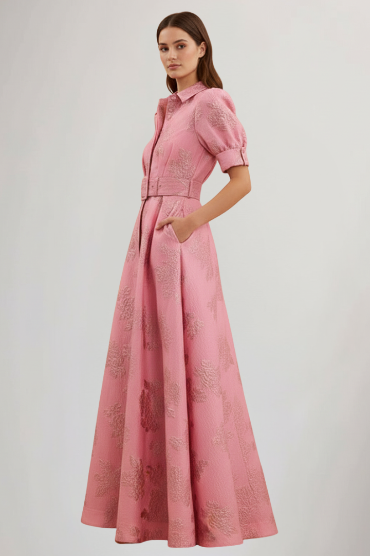 Sylvaine | Women’s Floral Maxi Dress with Waist Belt – Collared Button-Down Short Sleeve Maxi Dress