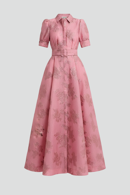 Sylvaine | Women’s Floral Maxi Dress with Waist Belt – Collared Button-Down Short Sleeve Maxi Dress