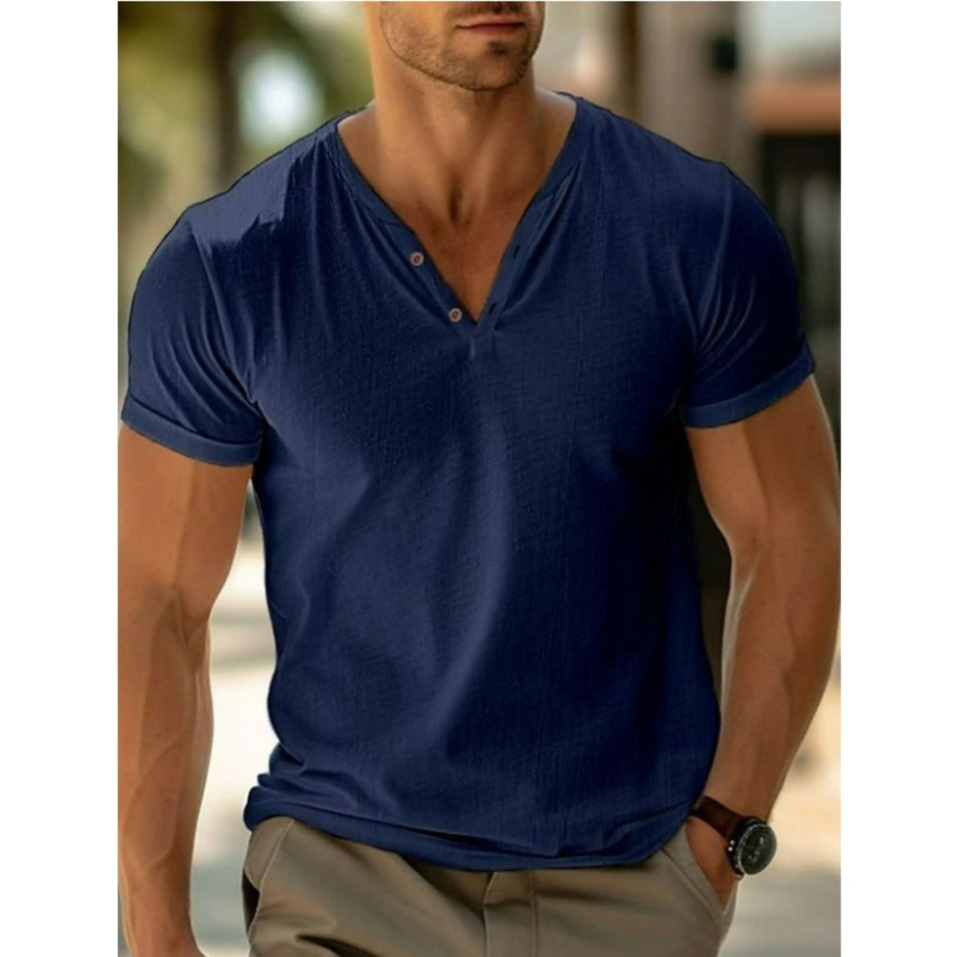 T-Shirt für Männer - Henley T-Shirt mit V-Ausschnitt und Knopfleiste für den Sommer-Chaps Herrenmode