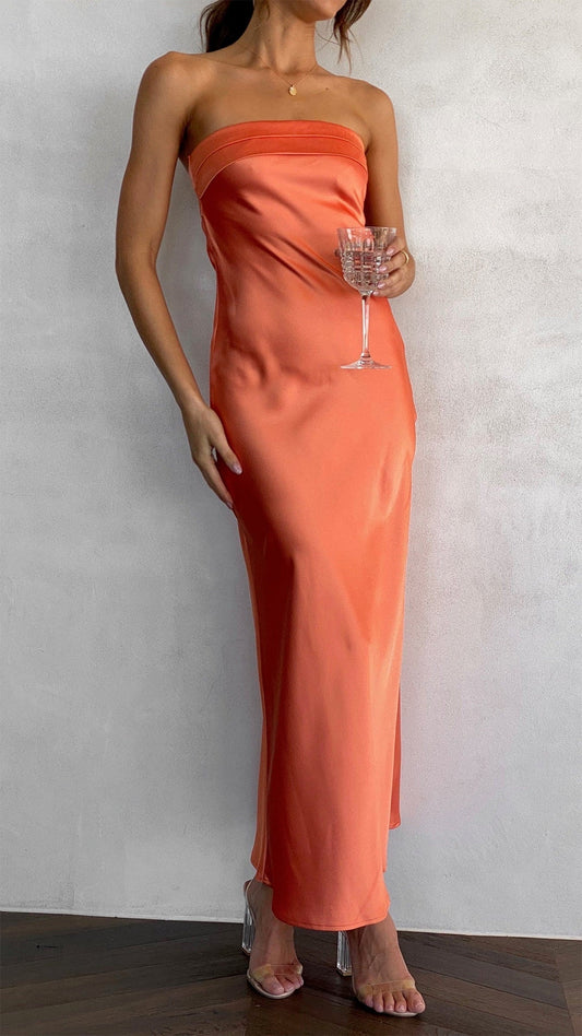 Olatz | Vestido largo de noche de satén con escote recto para mujer
