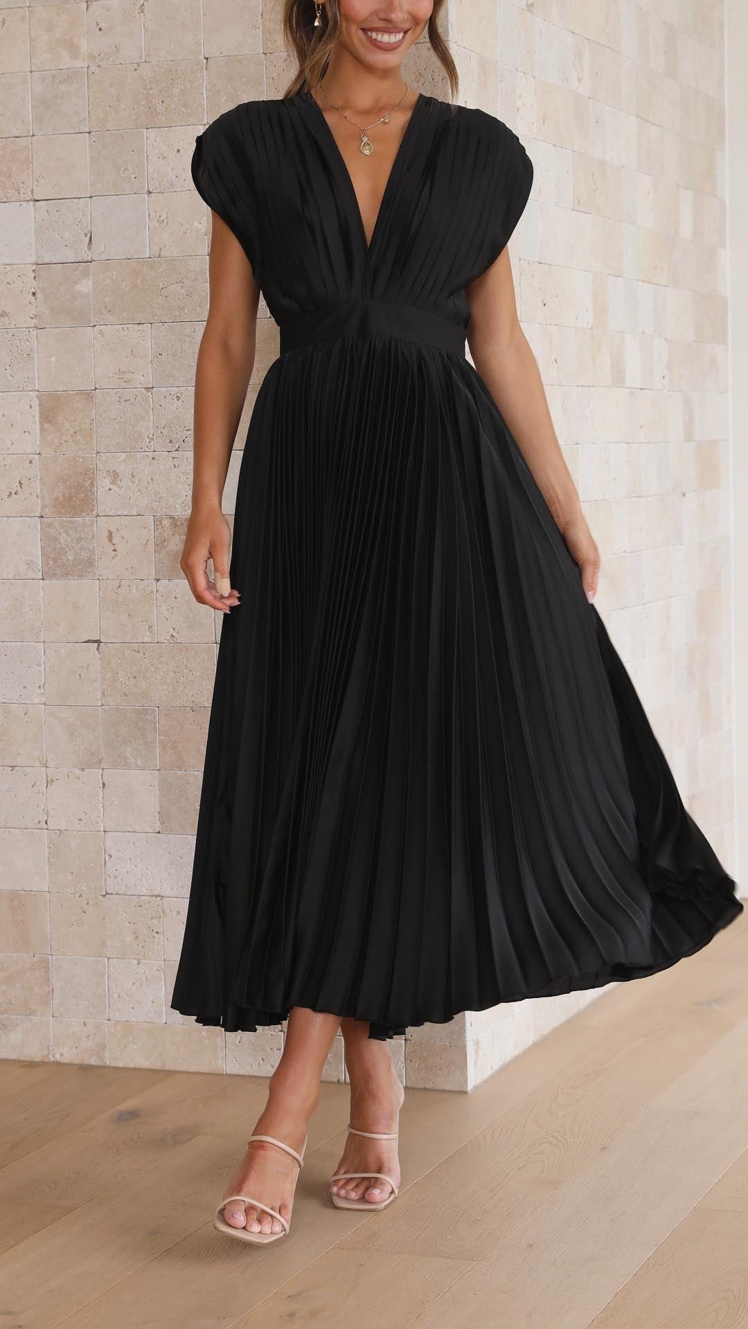 Damen Plissee V-Ausschnitt Kleid | Midi
