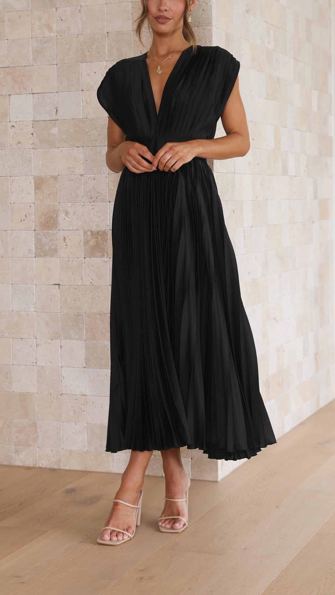 Damen Plissee V-Ausschnitt Kleid | Midi