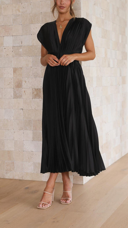 Damen Plissee V-Ausschnitt Kleid | Midi