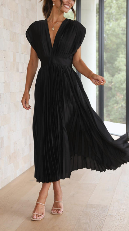 Damen Plissee V-Ausschnitt Kleid | Midi