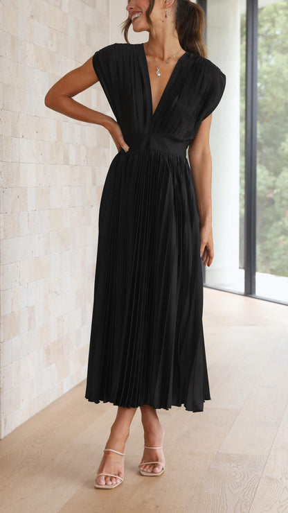 Damen Plissee V-Ausschnitt Kleid | Midi