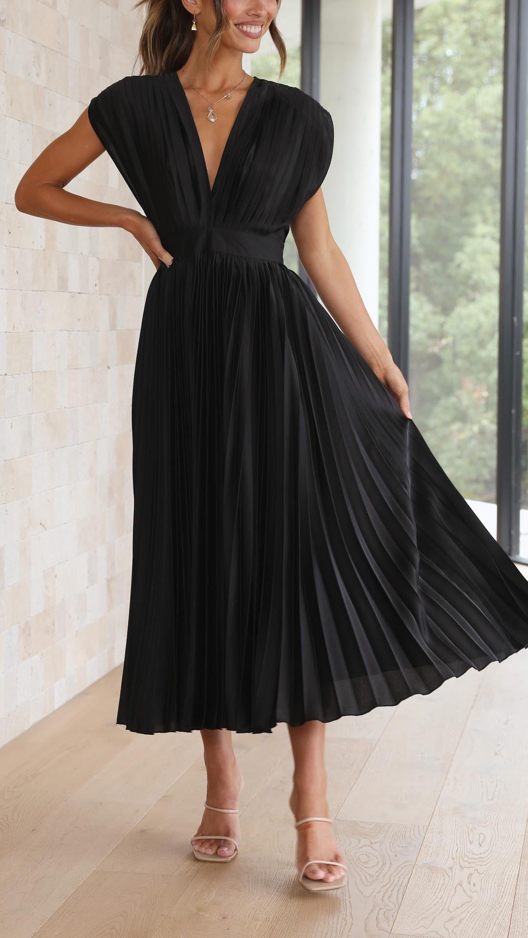Damen Plissee V-Ausschnitt Kleid | Midi