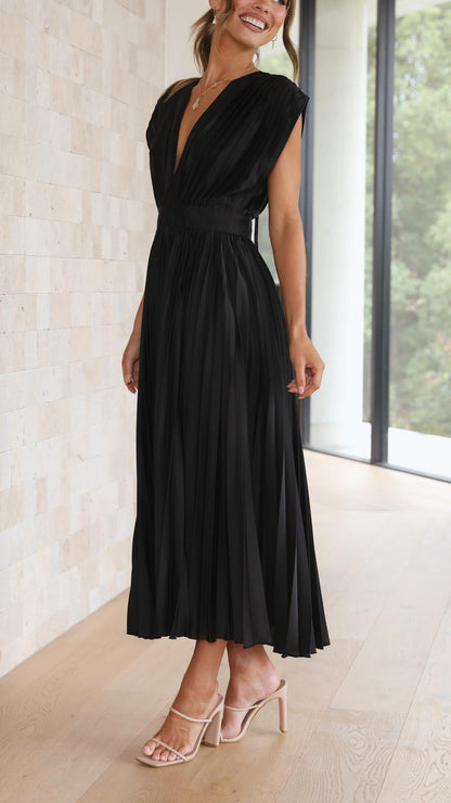 Damen Plissee V-Ausschnitt Kleid | Midi