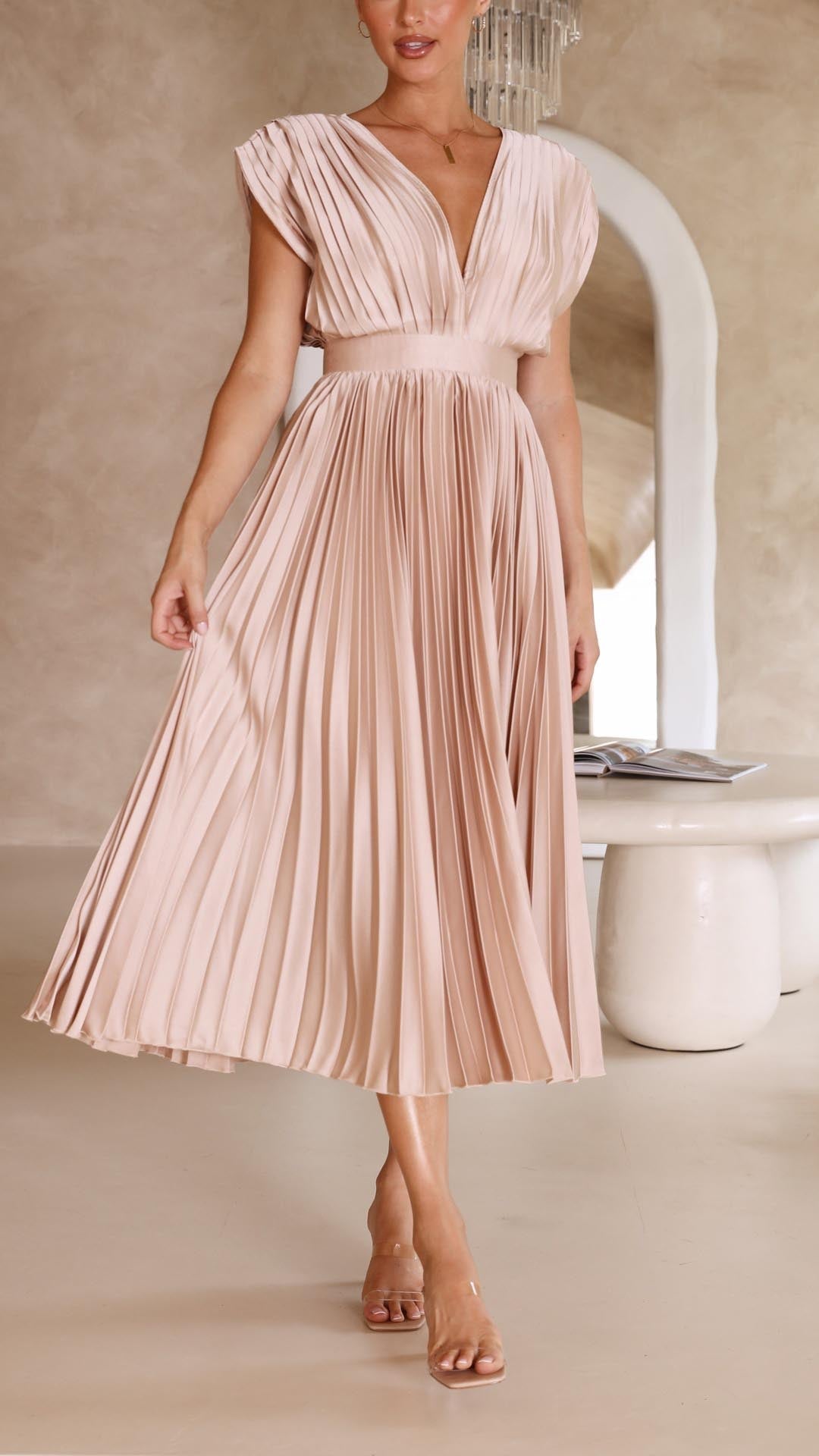 Damen Plissee V-Ausschnitt Kleid | Midi