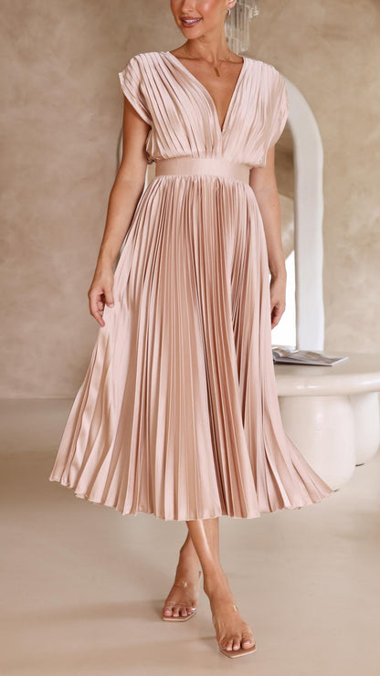 Damen Plissee V-Ausschnitt Kleid | Midi