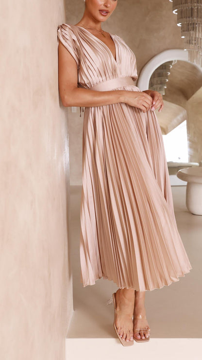 Damen Plissee V-Ausschnitt Kleid | Midi
