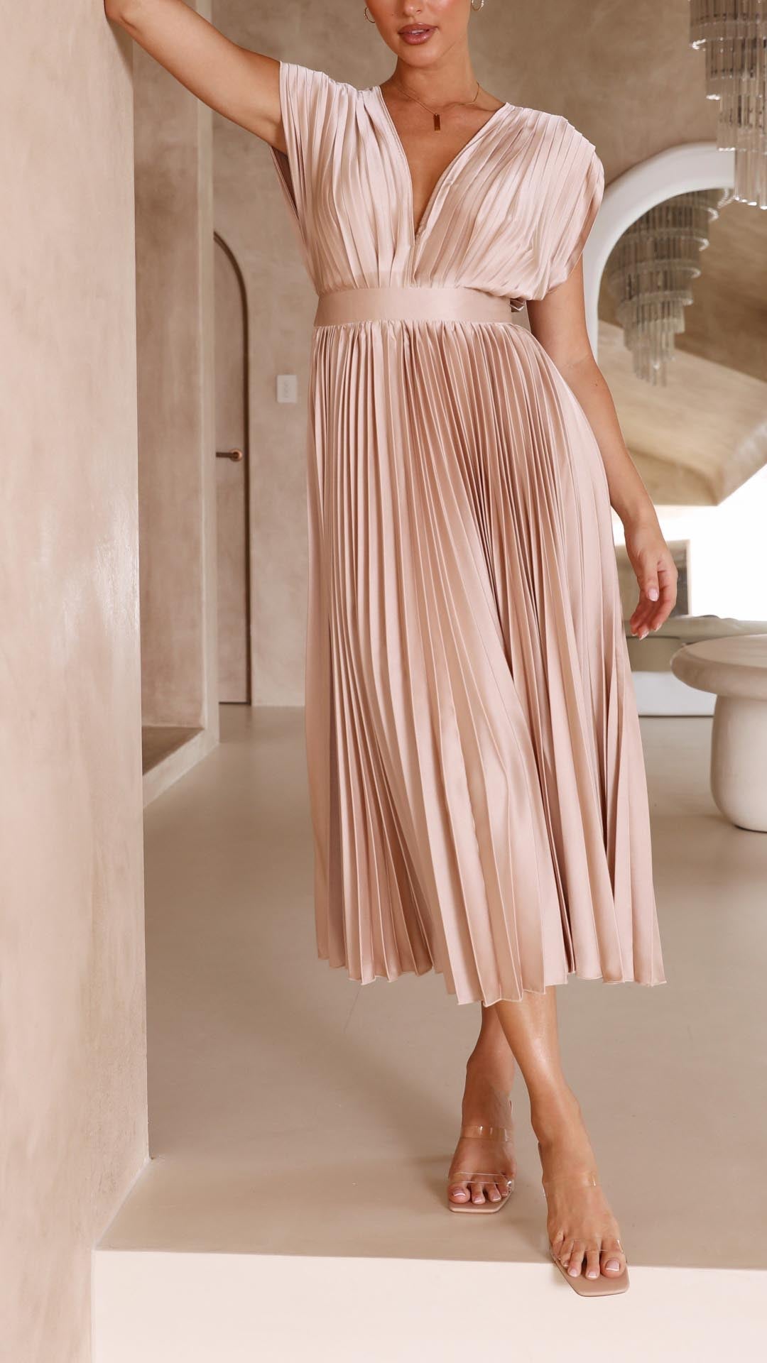 Damen Plissee V-Ausschnitt Kleid | Midi