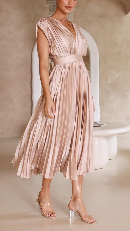 Damen Plissee V-Ausschnitt Kleid | Midi