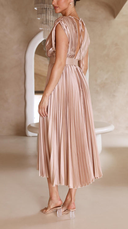 Damen Plissee V-Ausschnitt Kleid | Midi
