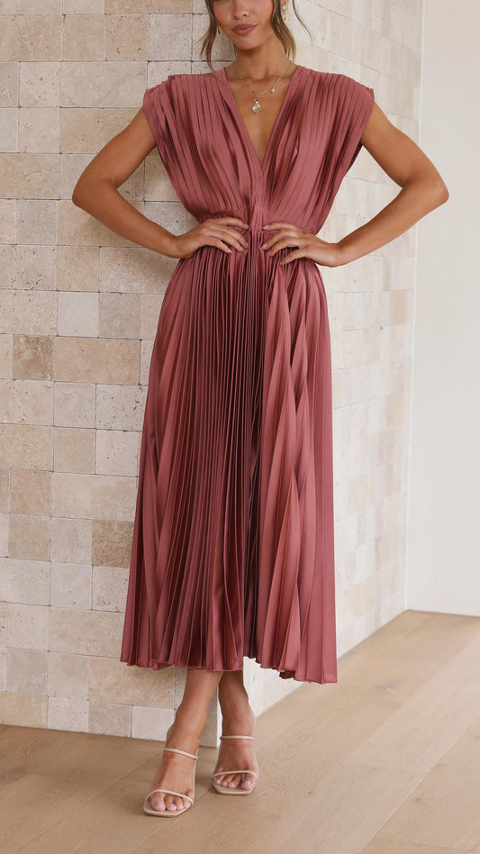 Damen Plissee V-Ausschnitt Kleid | Midi