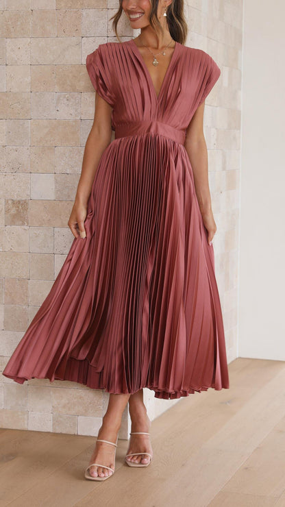 Damen Plissee V-Ausschnitt Kleid | Midi