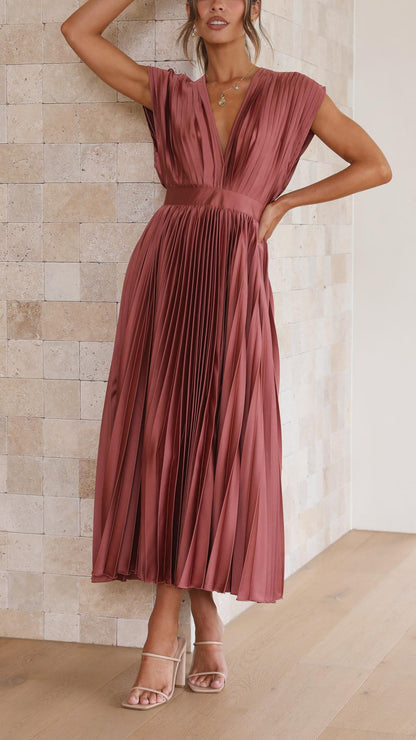 Damen Plissee V-Ausschnitt Kleid | Midi