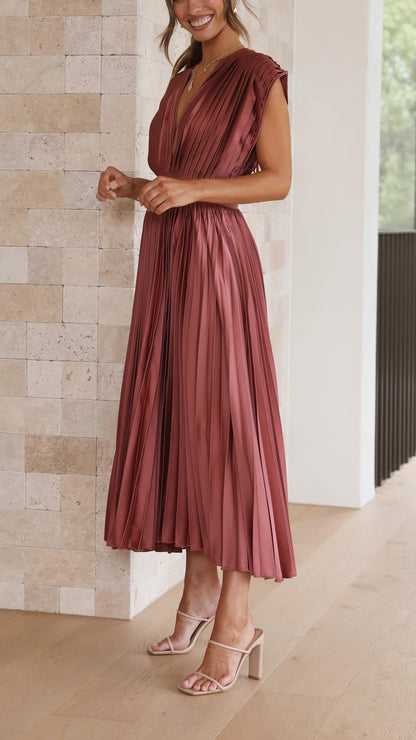 Damen Plissee V-Ausschnitt Kleid | Midi