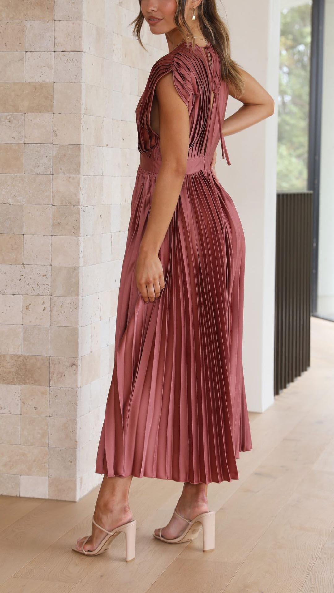 Damen Plissee V-Ausschnitt Kleid | Midi