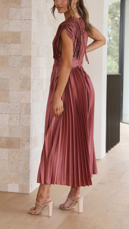 Damen Plissee V-Ausschnitt Kleid | Midi