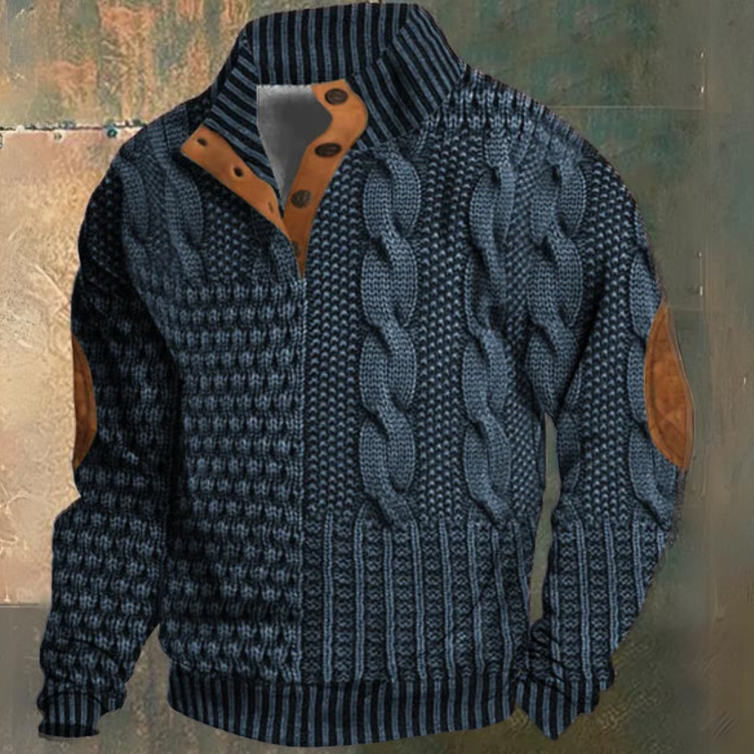 Herren Kabelstrick Halbtasten Pullover | Ellbogenpatch