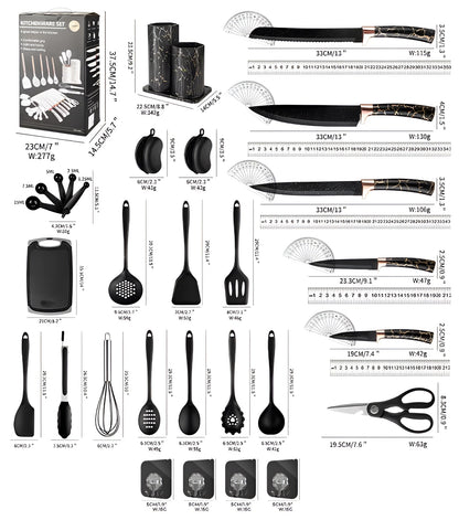 Black Marble Utensil & Knife Block Set - Gold Vein Countertop Organizer