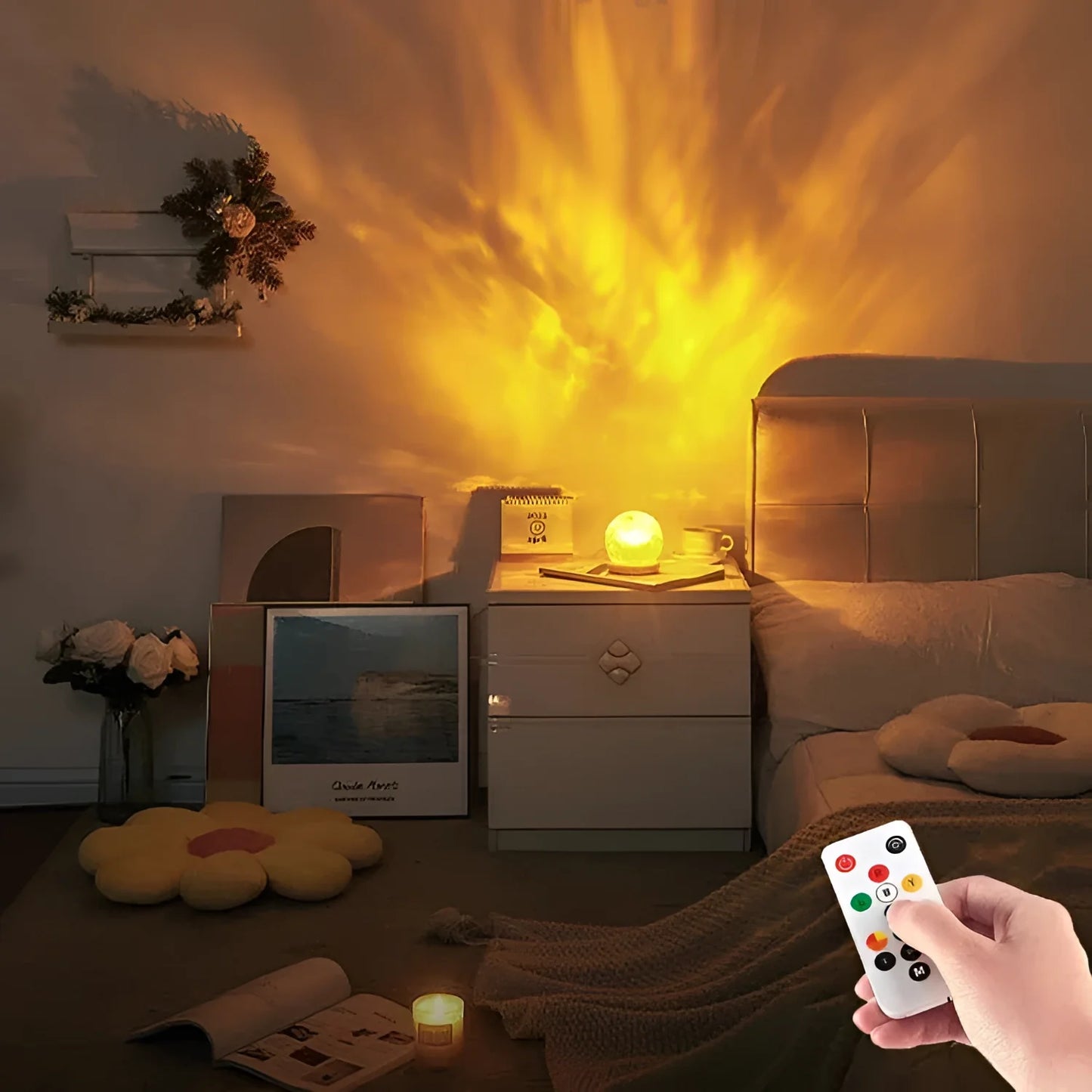 Star-pattern lamp projecting a celestial mood with a warm orange glow, enhancing the ambiance of a cozy interior space, complemented by wooden elements, creating a comforting and romantic night atmosphere.