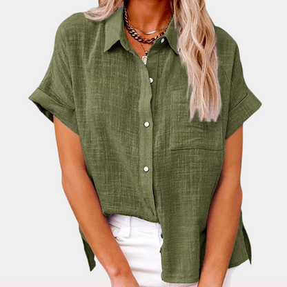 Women’s Relaxed Button Front Short Sleeve Blouse Top