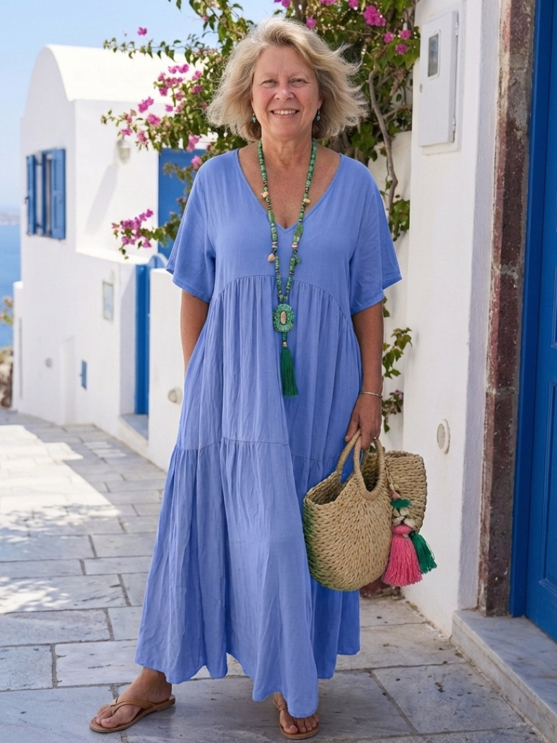 Zinnia | Robe maxi bleue à manches courtes et à volants
