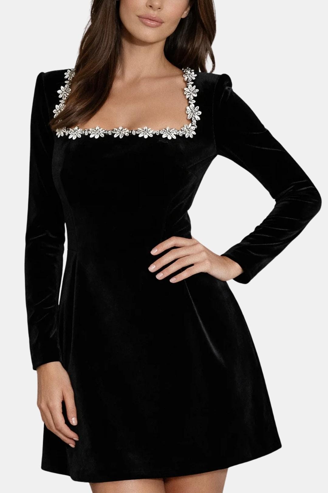 Theresa – Embellished Square Neck Velvet Mini Dress