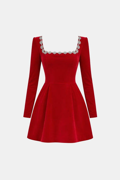 Theresa – Embellished Square Neck Velvet Mini Dress