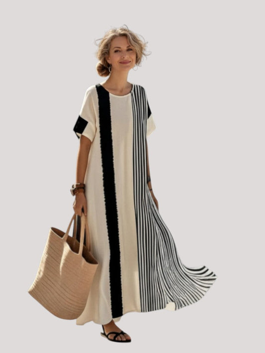Elara | Round Neck Short Sleeve Striped Maxi Dress