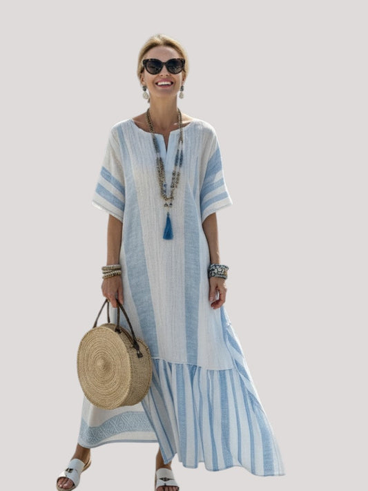 Ione | Round Neck Short Sleeve Striped Maxi Dress