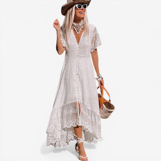 Loose Fit Short Sleeve Dress with V Neck