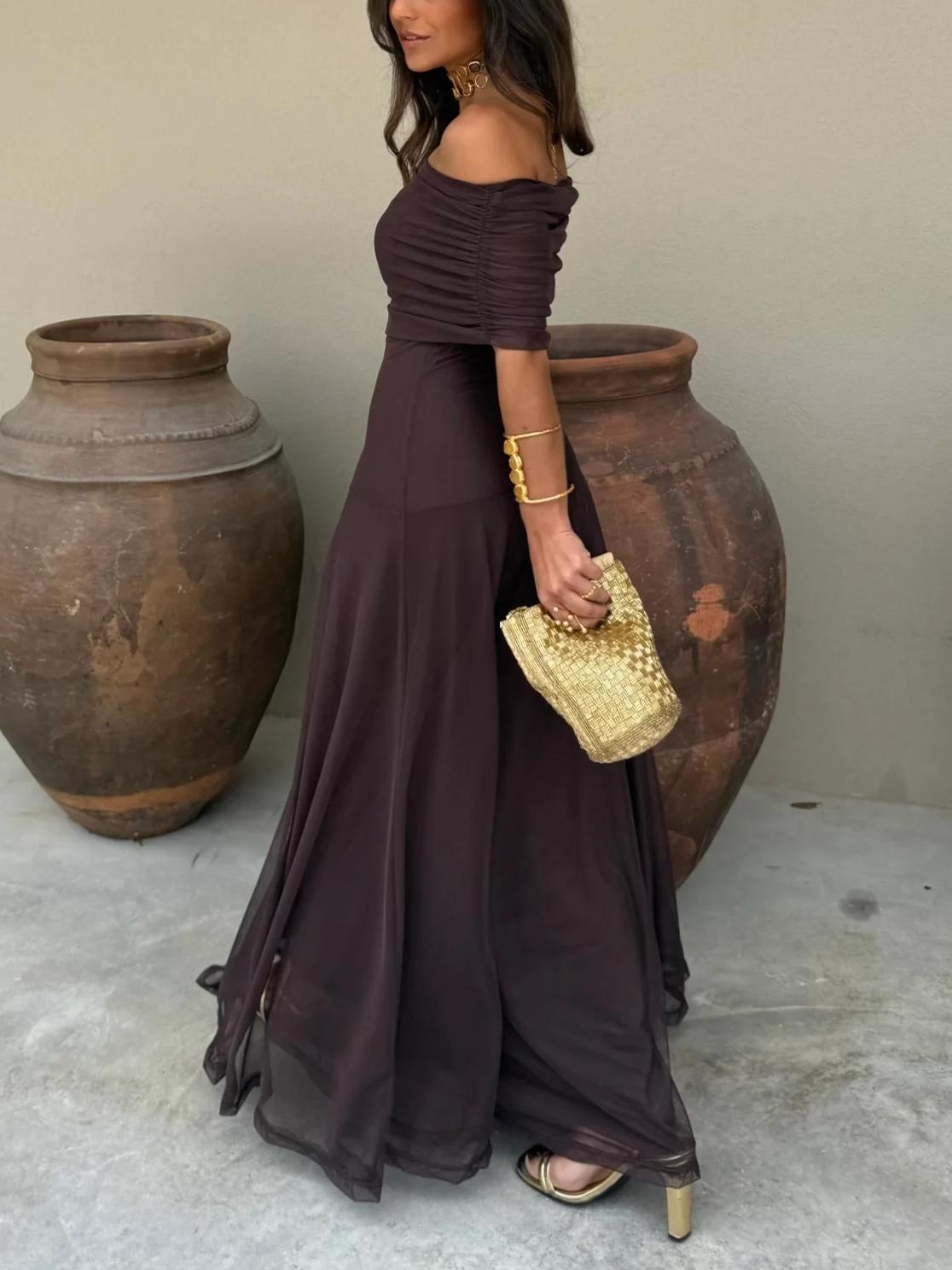 Elara Off Shoulder Chiffon Maxi Dress