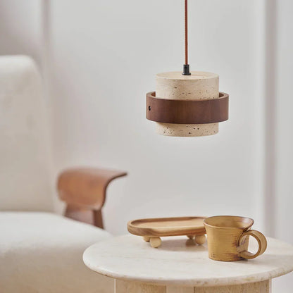 Travertine Stone Pendant Light with Walnut Accent Modern | Stonira