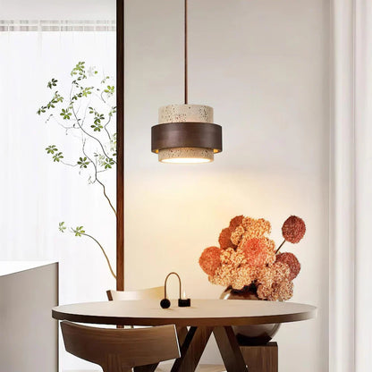 Travertine Stone Pendant Light with Walnut Accent Modern | Stonira