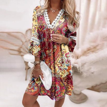 Emily | Women's Boho Floral V Neck Mini Dress